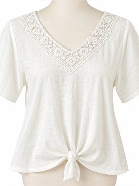 Women's Cream Lace V-Neck Tie-Front Top